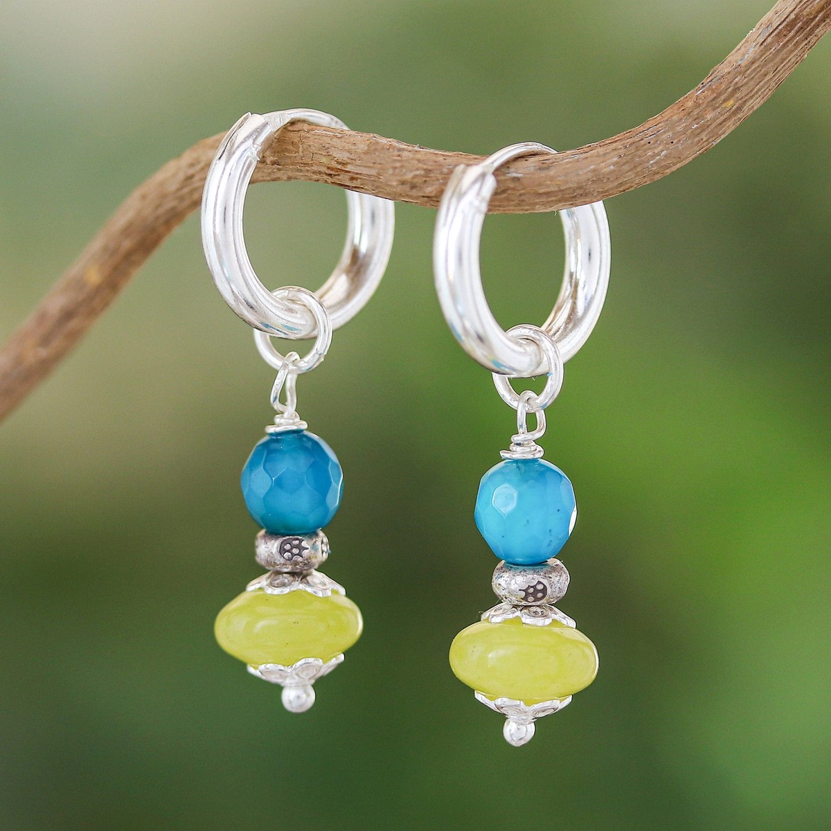 Sterling Silver Hoop Earrings with Agate & Chalcedony Stones – Fantastic Duo