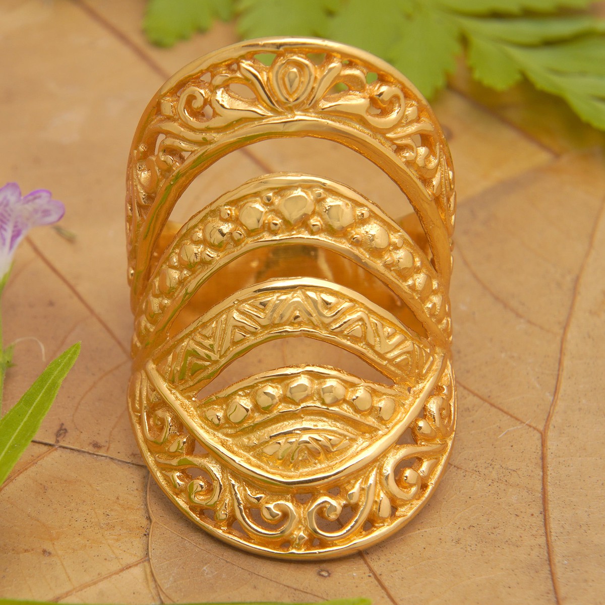 Traditional 22k Gold-Plated Cocktail Ring from Bali – Bali’s Blessing – 9