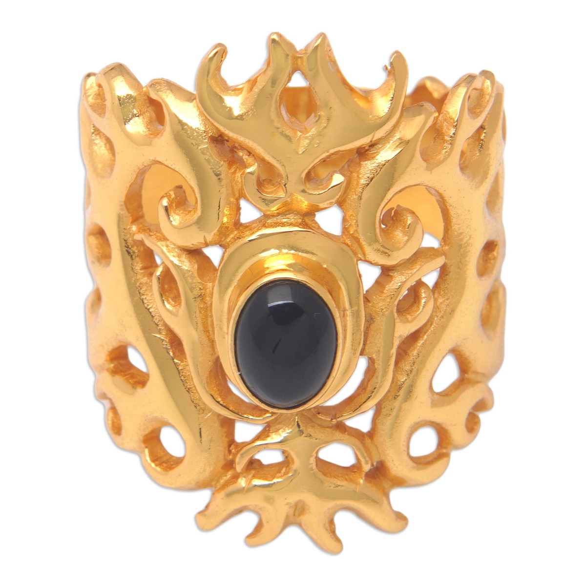 Traditional 22k Gold-Plated Cocktail Ring with Onyx Cabochon – Flaming Mysticism – 11 (member)