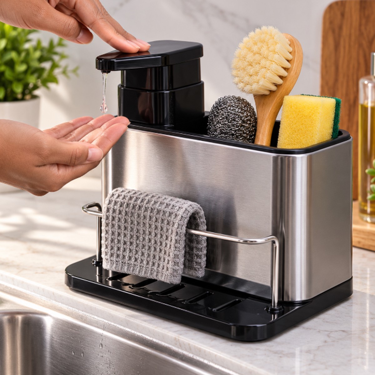 3-in-1 Stainless Steel Sink Organiser with Soap Pump Dispenser