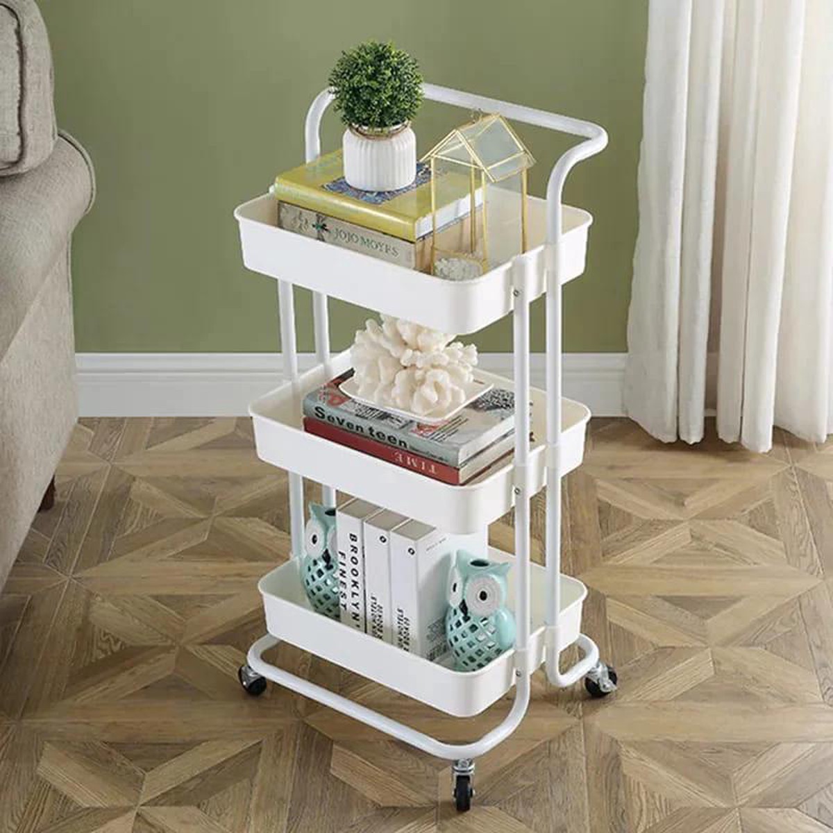 3 Tier Movable Trolley Storage Rack – White