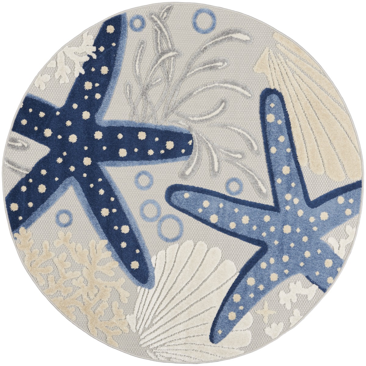 Aloha Blue Grey Coastal, Nautical & Beach Polypropylene Area Rug – 5’3″ x Round