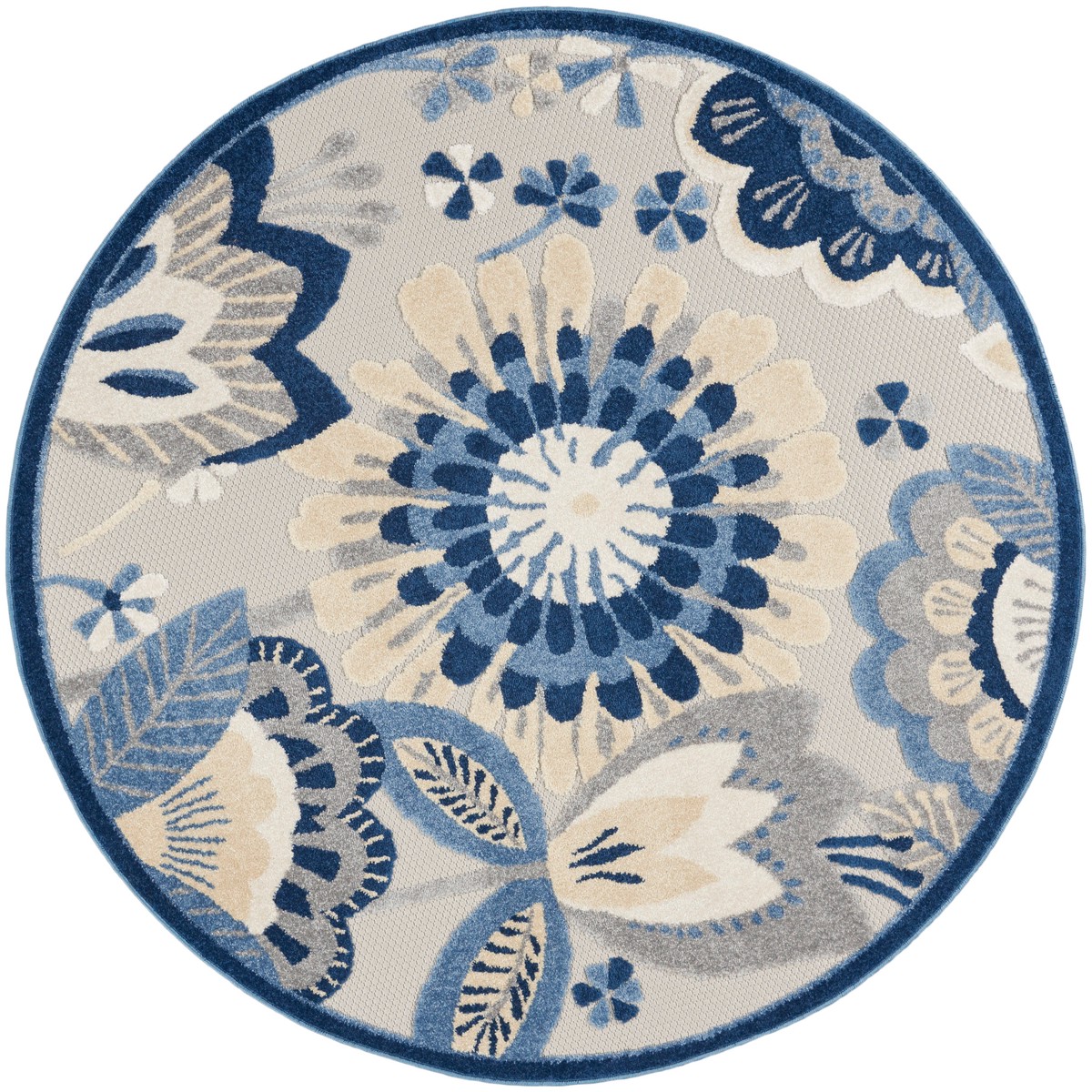 Aloha Blue Grey Contemporary Polypropylene Area Rug – 4′ x Round