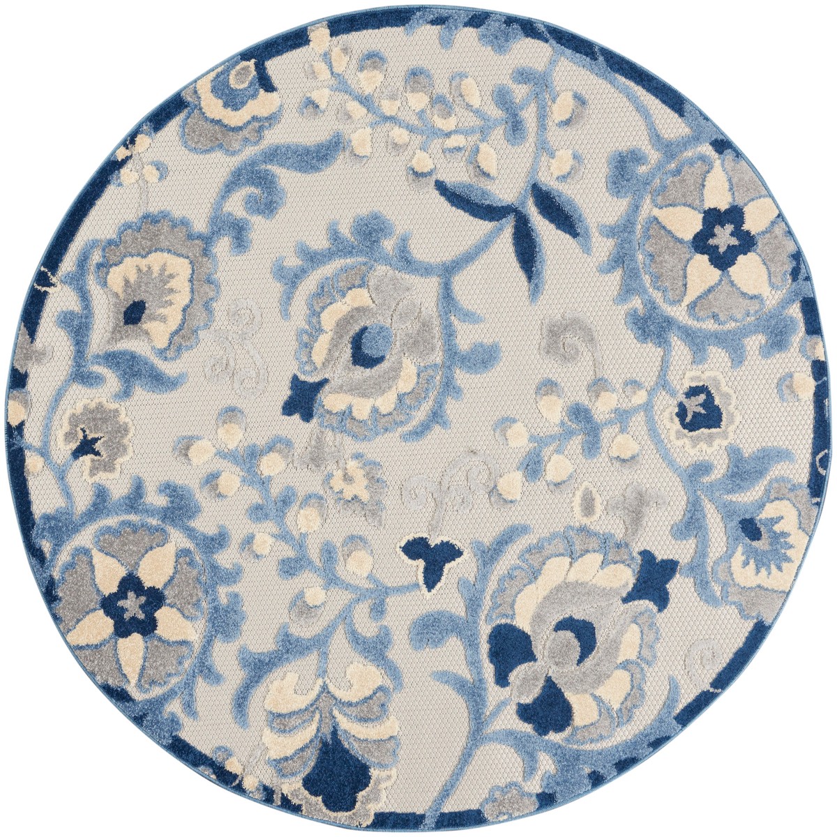 Aloha Blue Grey Farmhouse Polypropylene Area Rug – 5’3″ x Round