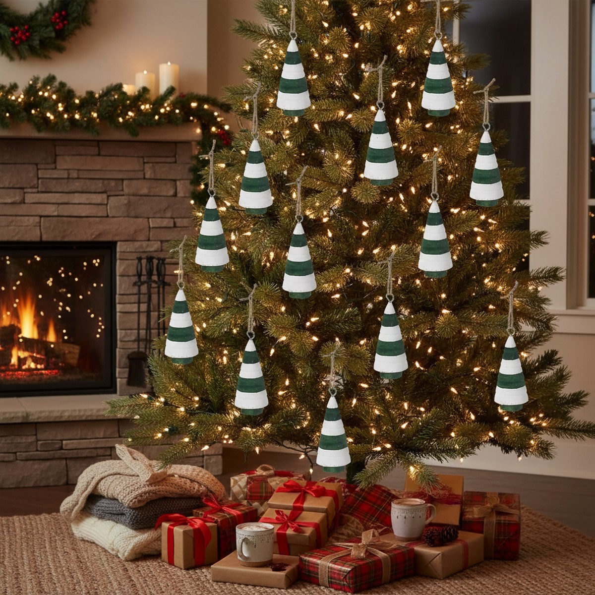3.54" Wooden Christmas Tree Ornament Set of 12  Holiday Decoration, Tree Hanging