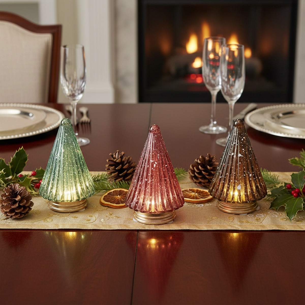 3.62" LED Glass Cone Tree Christmas Decor Set of 3  Holiday Table Accent
